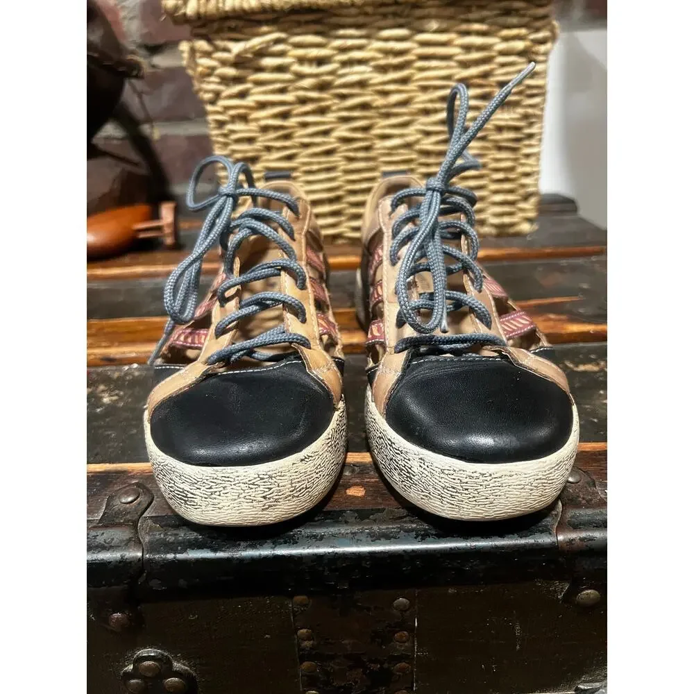 L'Artiste by Spring Step Porscha Leather Sneaker Black Tan Cutout Shoes EU 36
